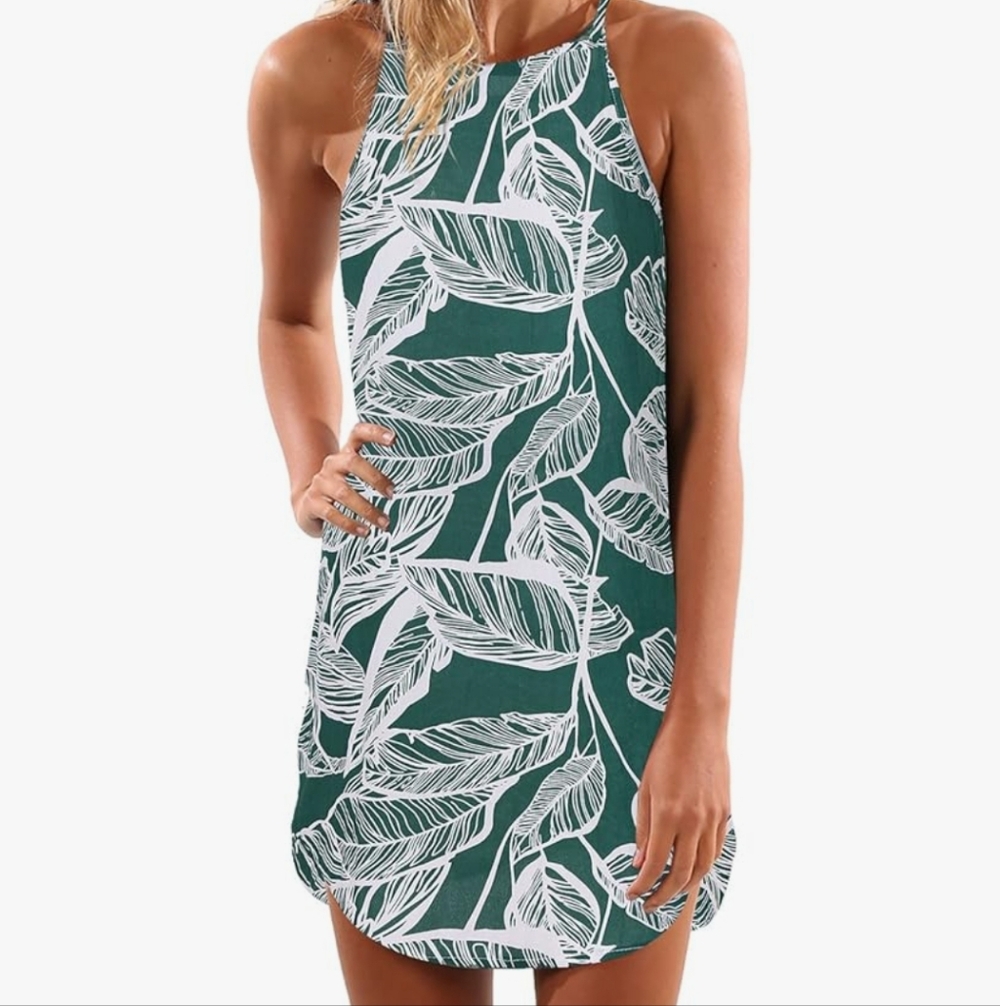 Green and White Leaf Print Dress